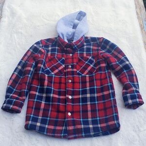 Cozy Plaid Kids Button-Down Shirt with Hood Size XS 5/6T